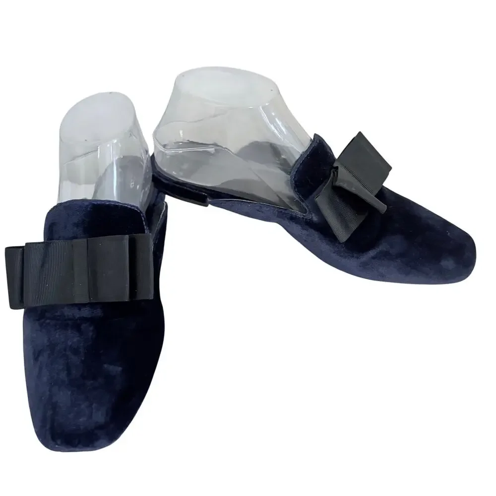 Joie Jean Navy Blue Velvet Leather Mules w/ Bow Flat Slides Glam Coquette
